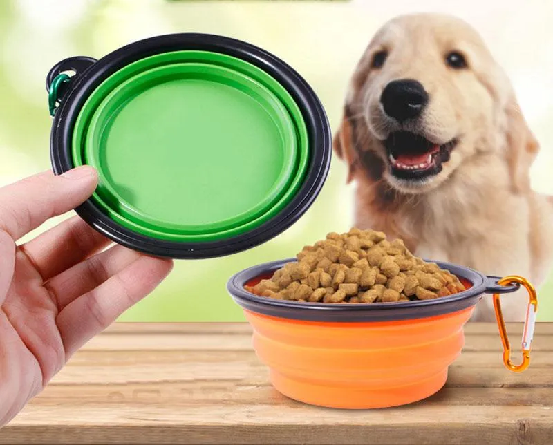 Food grade Silicone Folding dog bowl Expandable Cup Dish Pet feeder Portable Travel Bowl with Carabiner For Pets