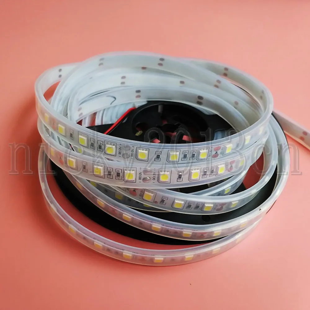 12V 24V 5050 SMD LED Flexibel Strip Ljusband Sträng 60Lleds / M IP67 Tube Vattentät Utomhus Dubbelskikt PCB för skåp Kökscellsbelysning