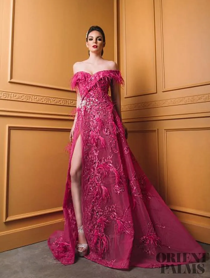 Sexiga kvällsklänningar Lace Luxury Beaded Feather Side Split Off Shoulder Prom Dress Party Sweep Train Illusion Plus Size Formella klänningar