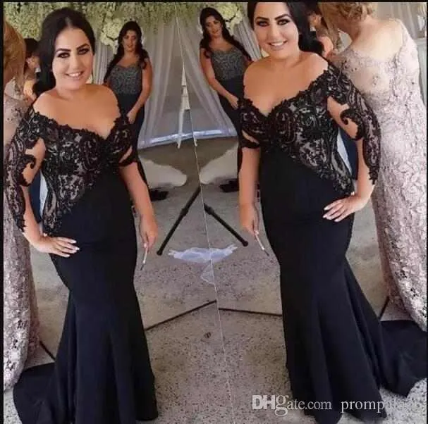 Black Mermaid Mother of Bride Dresses Off Shoulder Lace Applique Long Sleeves Sweep Train Mother Dress Evening Dresses Prom Party Gowns