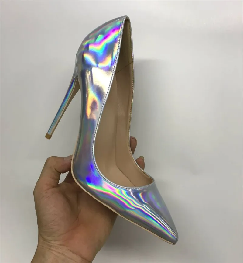 European and American new 2018 laser illusion color high-heeled shoes rainbow bride shoes 12cm slender heel single shoes 10cm large size