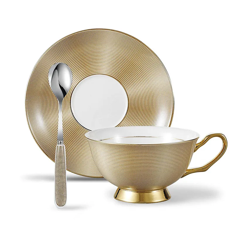 3 stks Bone China Tea Cup en Saucer Set met Lepel, 200 ml / 6.8 Oz, Golden Grid