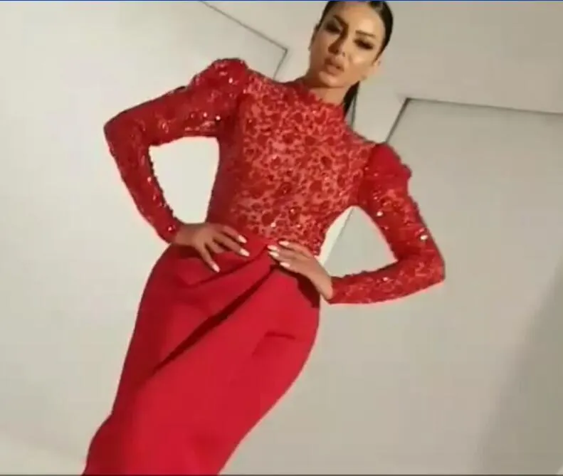 Вечернее платье Yousef Aljasmi Red Lace High Sheam Peplum с длинным рукавом альмода Джанниназар Зухайр Мурад Ким Кардашьян Зиаднакад