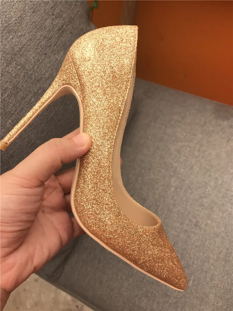 Le donne di modo di trasporto libero pompe Gold Glitter punta punta tacchi alti scarpe con tacco sottile in vera pelle scarpe da sposa scarpe da festa scarpe da sposa