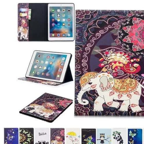 Söt Elephant Owl Butterfly Flip Stand PU Läder Skydd till iPad Air Air2 5 6 234 Mini123 4 Ny iPad 9.7 2017 2018 Samsung
