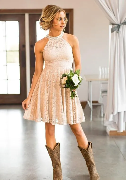 Peach Lace Gold Glitter Bridesmaid Dresses With Pearls And Halter