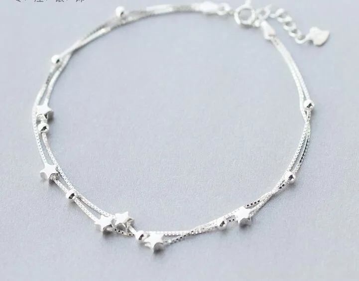 Mulheres por atacado Autêntico 925 Sterling Silver Dupla Camadas Estelar Beads Anklet Pulseira Fine Jewelry S275