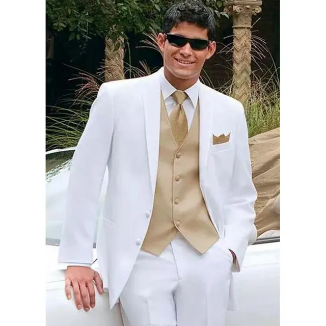abiti da sposa bianchi per uomo gilet oro Giacca + pantaloni + cravatta + gilet mens smoking smoking da sposa custom made groomsmen suit 2018