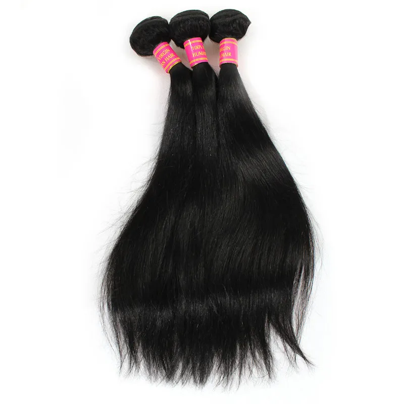 Feixes de Cabelo Humano Em Linha Reta Brasileira Com Fechamento Cabelo Humano Preto Natural 3 Pacotes com Fecho de Renda