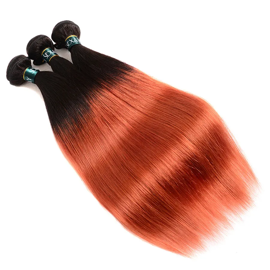 Paketler Portakal Rengi ile Brezilyalı Virgin İnsan Ombre Saç İki Ton Dantel Kapatma 4 * 4 Dantel Kapatma Düz Ombre Saç
