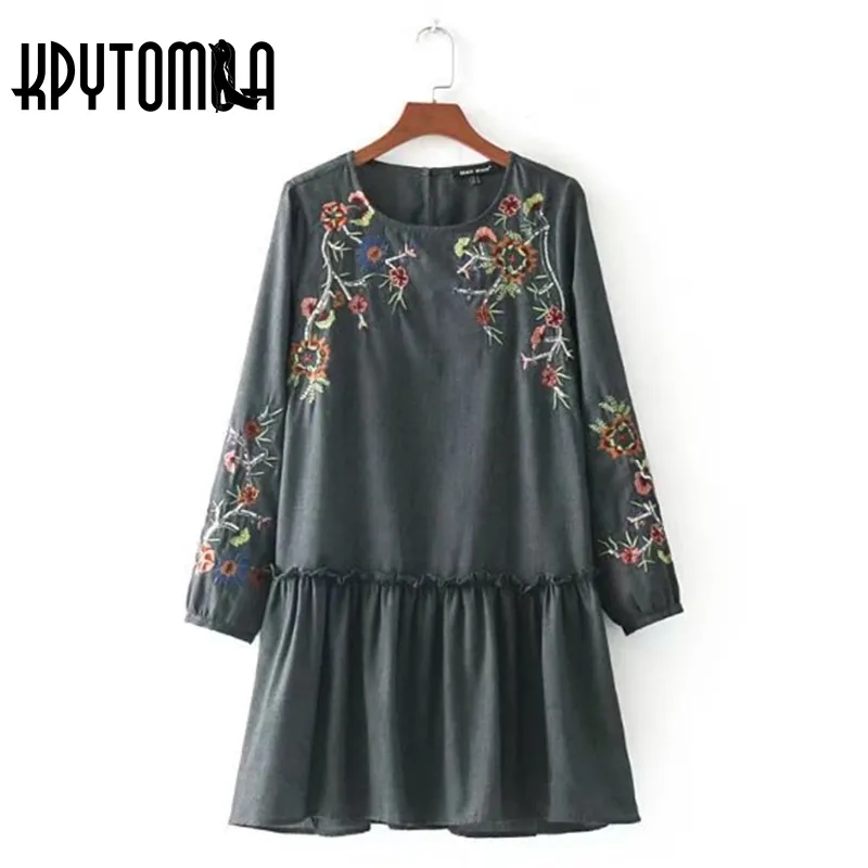 Vintage Floral Broderie Volants Mini Robe Femmes 2017 Nouvelle Mode O Cou À Manches Longues Recueillies Ourlet Robes Casual Robe Mujer