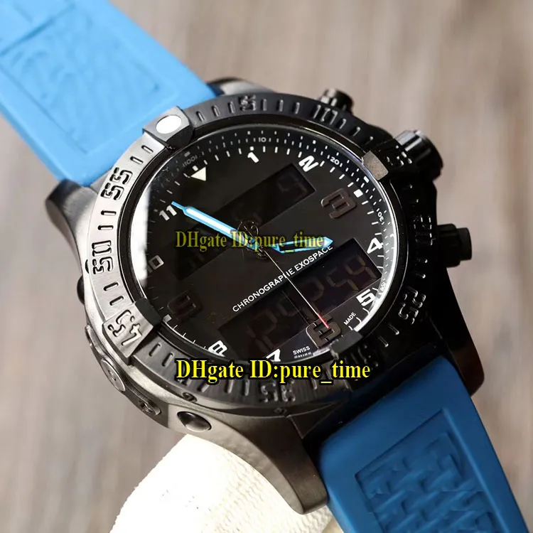 航空宇宙プロフェッショナル Exospace B55 EB5510H2 ブラック ダイヤル電子アナログ LCD デジタル ディスプレイ メンズ腕時計 PVD ブラック スチール ブエ ラバー ストラップ