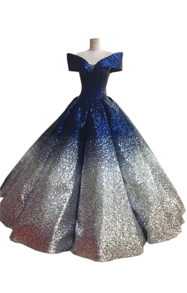 Luxus-Abschlussballkleid mit Pailletten, V-Ausschnitt, Ombre-Gradient-Ballkleid 2018, mit Kappe, kurzen Ärmeln, schulterfrei, gerüscht, Festzug-Abendkleid