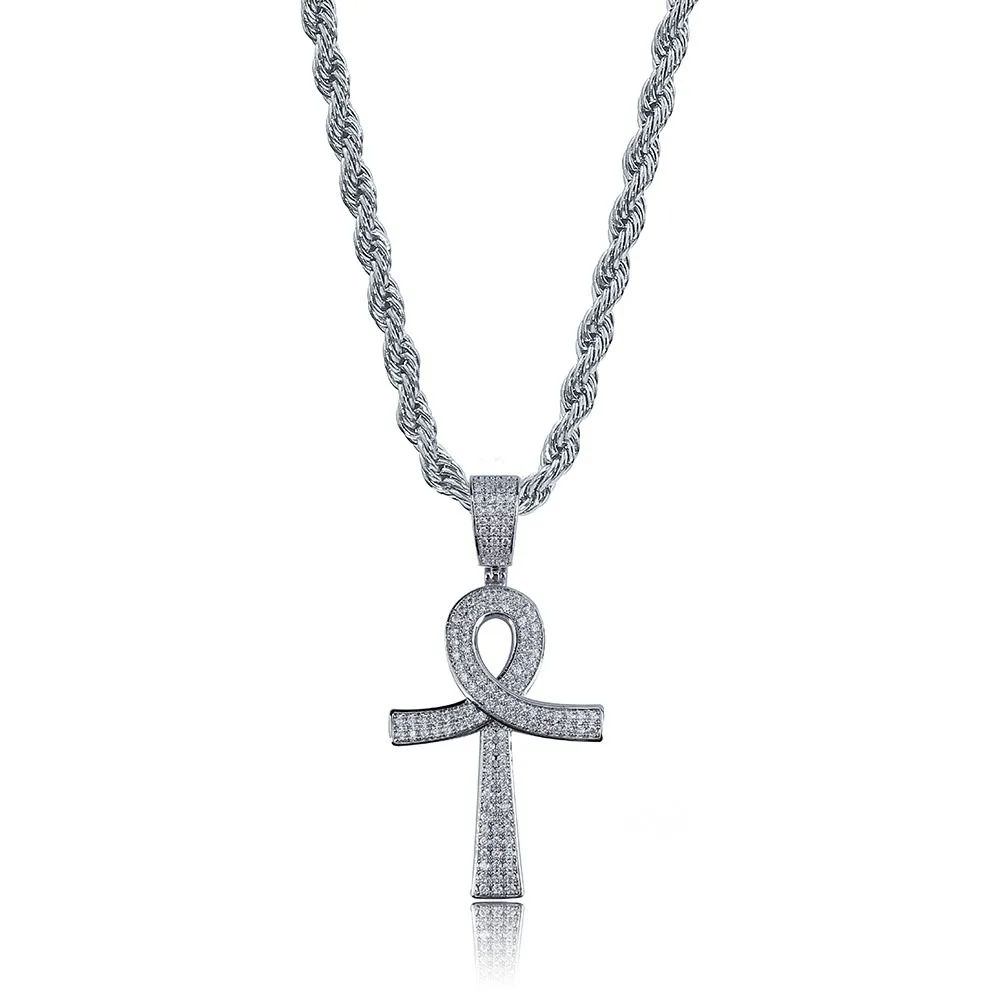 Collana con ciondolo croce Ankh di nuova moda Hip Hop, colore argento placcato oro, pietra CZ, regalo di gioielli con catena in oro da uomo