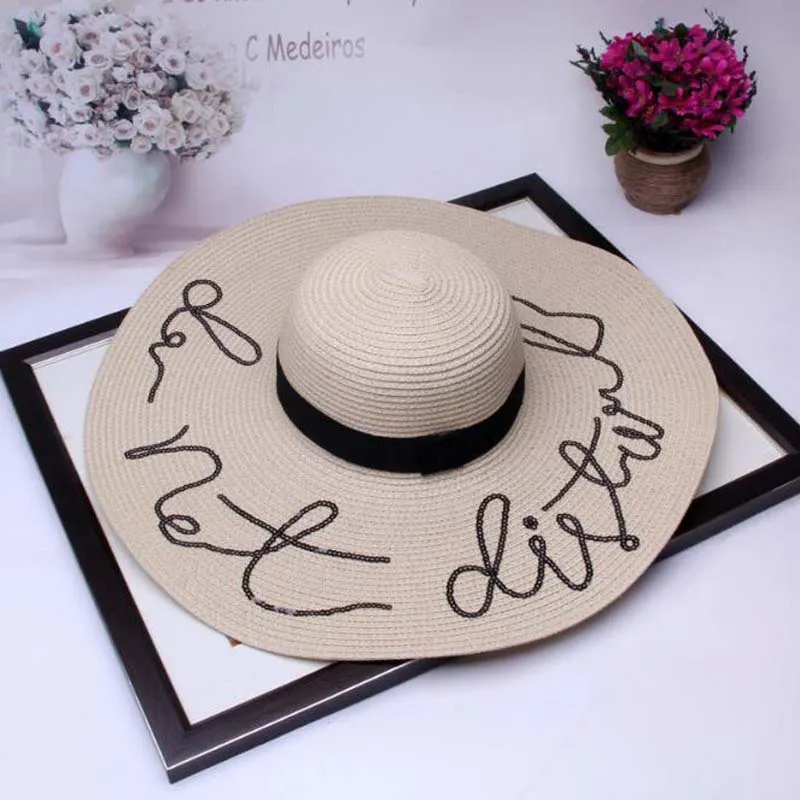 Women Foldable Floppy Letters Sequin Embroidery Straw Sun Hat Summer Wild Large Brim With Ribbon Trim Beach Cap UV Protection268n