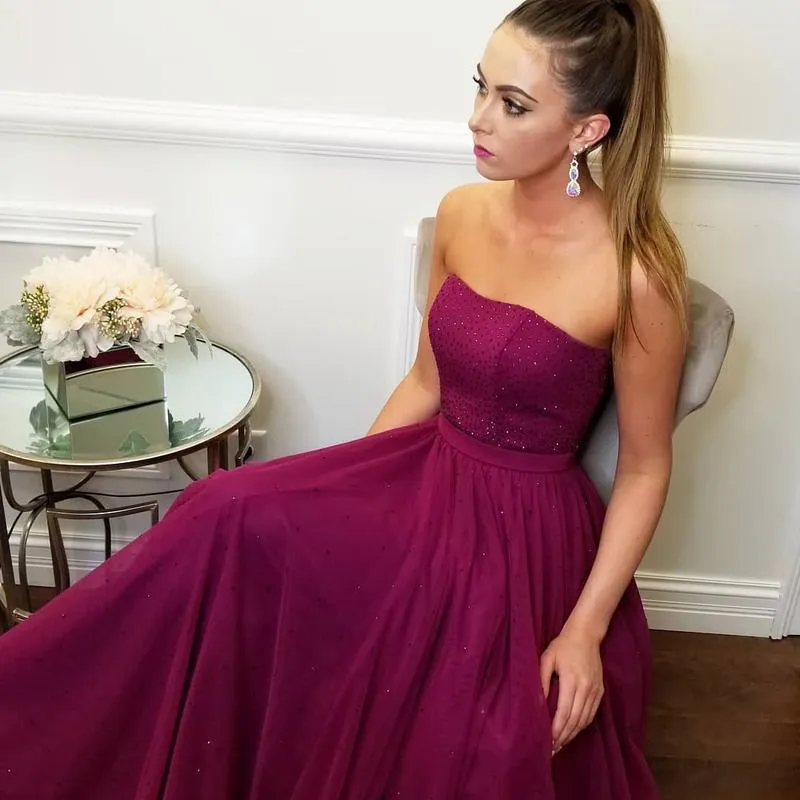 Strapless Burgundy Red Long Prom Dresses Sequins Tulle Ribbon Sash Floor Length Backless Evening Gowns Formal Dresses Zipper Up