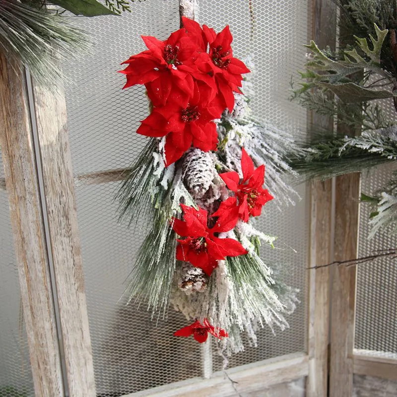 زخرفة عيد الميلاد اكليلا من الزهور الحمراء محاكاة وهمية زهرة اصطناعية زهرة الثلج لعيد الميلاد الضروريات اليومية
