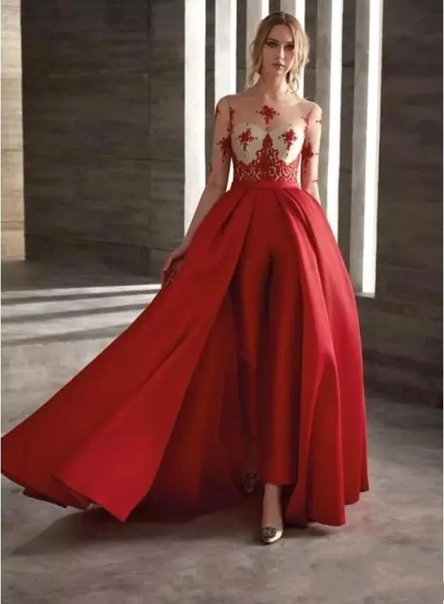 Red Prom Dresses With Detachable Skirt Satin Fashion Jumpsuit Half