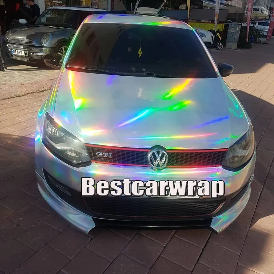 Gloss Silver Holographic Rainbow Vinyl Car Wrap Auto Decal Sticker Film Roll