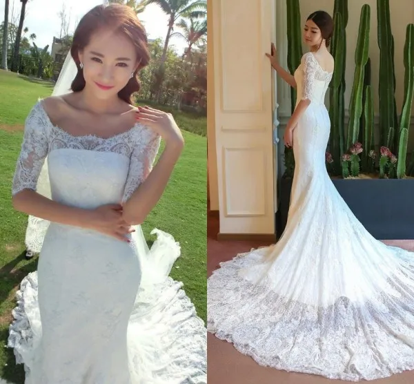 Vintage Lace Mermaid Wedding Gowns Dresses from China Illusion Scoop Neck Short Half Sleeves Elegant Country Bridal Gown with Train