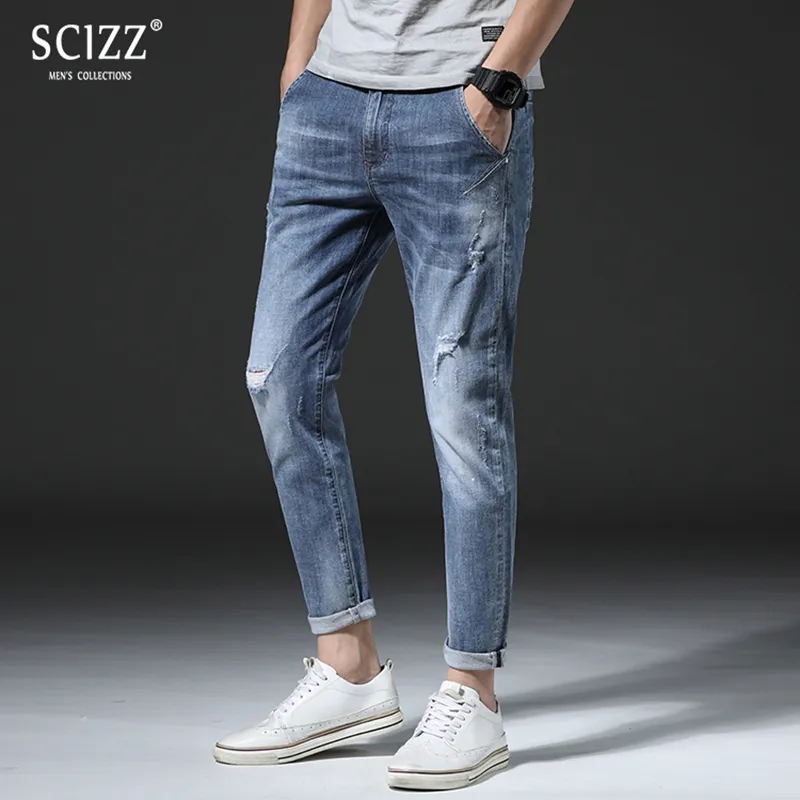 Hot selling day cultivation stretch leisure 9 points pants men break holes Haren feet nine points jeans