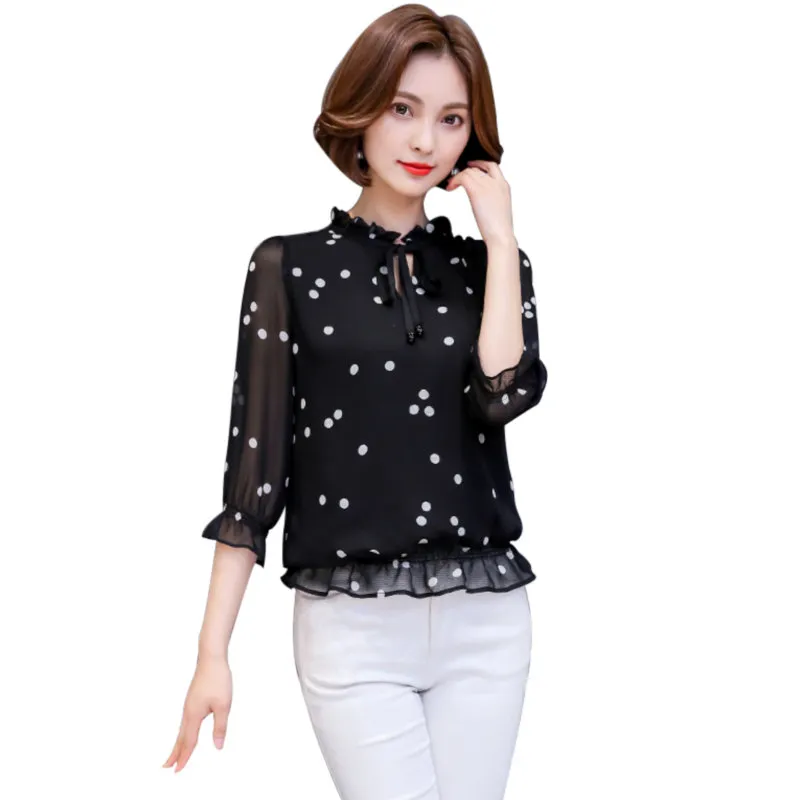 2018 frühling Sommer Chiffon Bluse Frauen Lose Schwarz Weiß Polka Dot Rüschen Spitze-Up Shirt Frauen Tops und Blusen s-3XL MY649