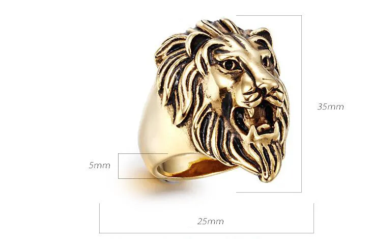 Anello di acciaio inossidabile nero inossidabile d'oro maschile maschile esagerato con la testa di leone esagerato anelli motociclisti gotici vintage j290c