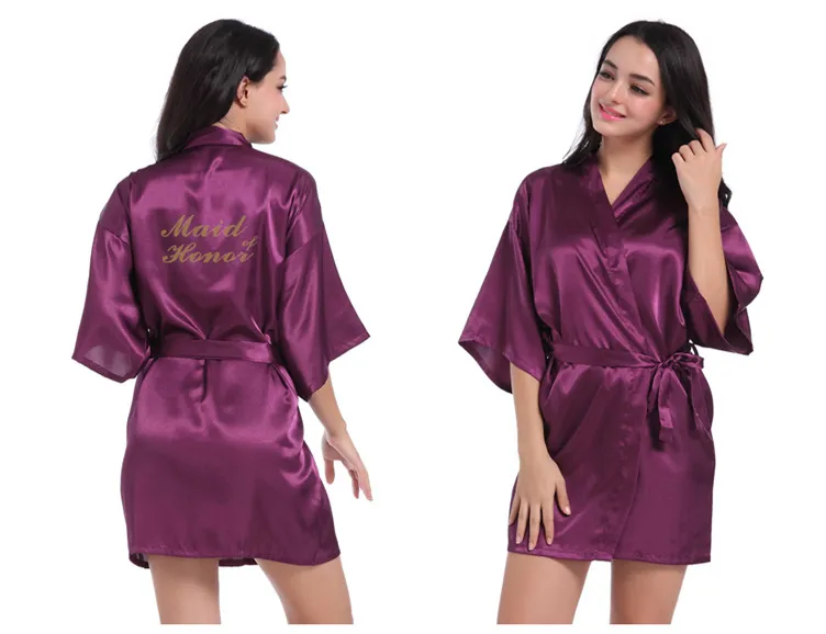 Women's Bronzing Powder Short Kimono Robe Satin Silk Bridesmaid Wedding Robes Letters Gold Glitter Print Maid of Honor Sleepw257V