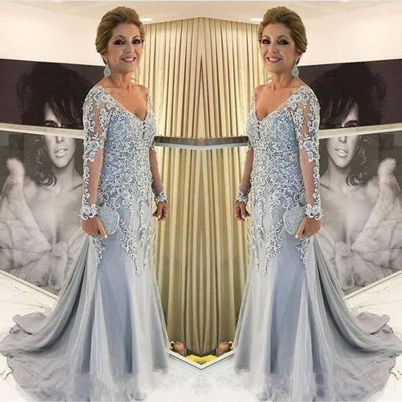 Długi rękaw Mermaid Matka panny młodej Dress V Neck Handmade Aplikacje Koronki 2018 Nowa suknia ślubna Wieczór Formalne Suknie Party