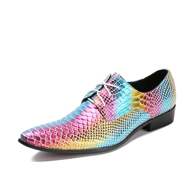 Personalized Men Derby Shoes Fashion Pointed Toe Rainbow Python Snake ...