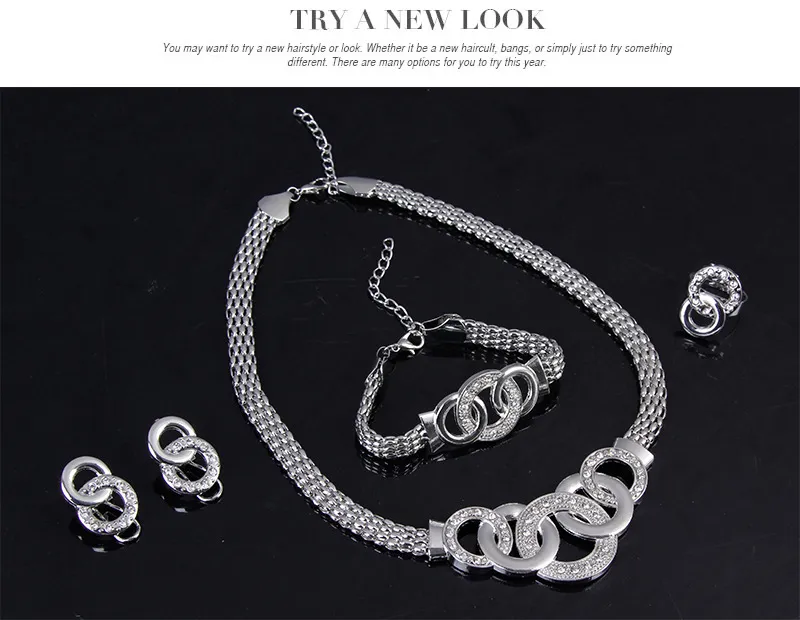 Dubai Rhodium Plated Five Loops Necklace Set African Fashion Diamond Wedding Bridal Costume Jewelry Sets Necklace + Bracelet + Earrings