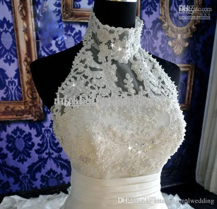Białe sukienki ślubne koronkowe suknie balowe suknie ślubne z koronkowymi aplikacjami koraliki wysoko szyi bez rękawów