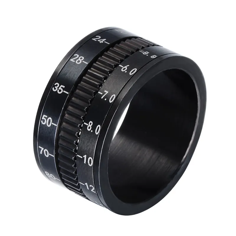 European and American Stylish Titanium Steel Camera Lens Ring Black Rotary Scale Ring Men's Creative Ring Jewellery
