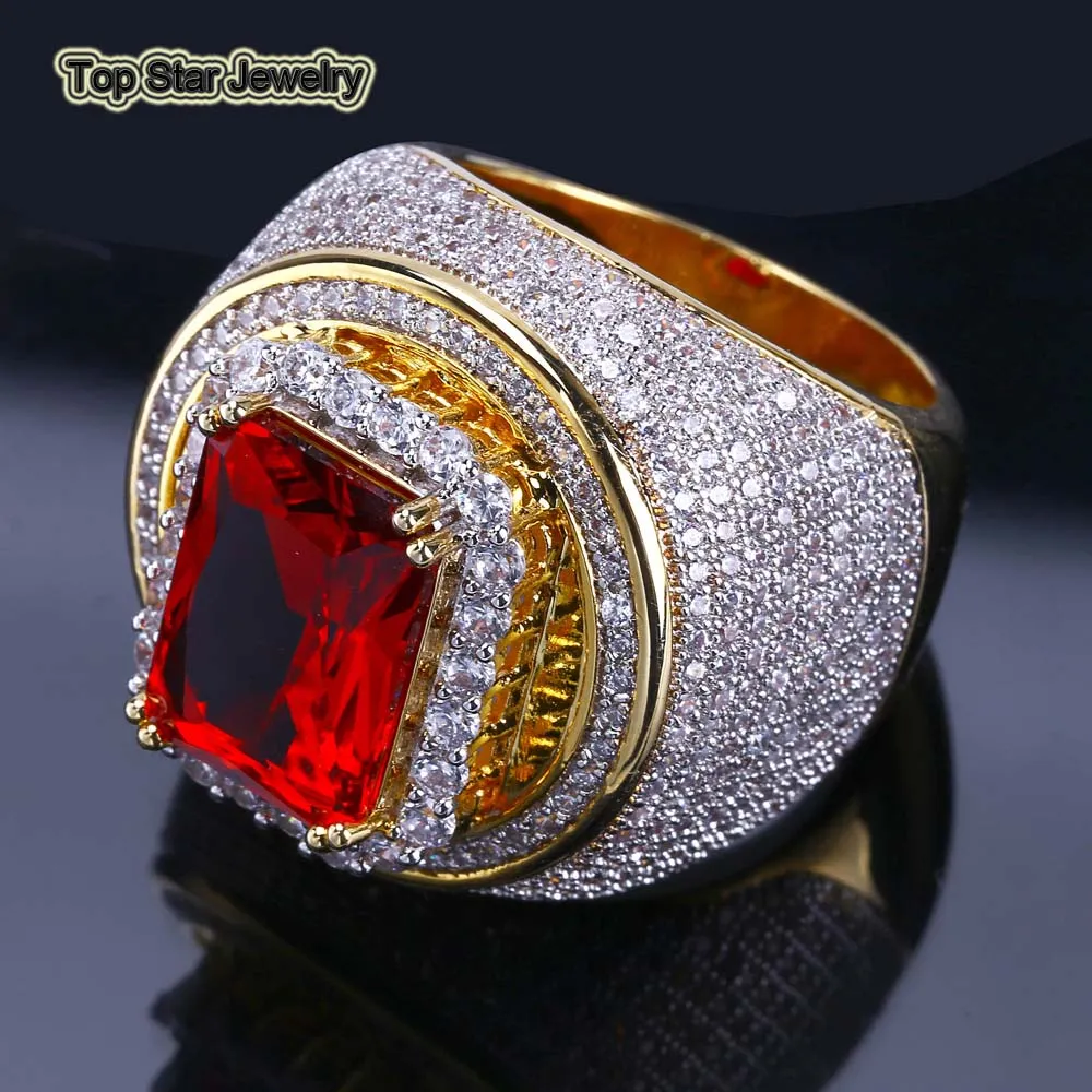 High Quality Real Copper Rings Shiny Micro Diamond & Ruby Red Gemstone Punk Finger Jewelry For Men Hip Hop Rock Accessories bijoux Size 7-11