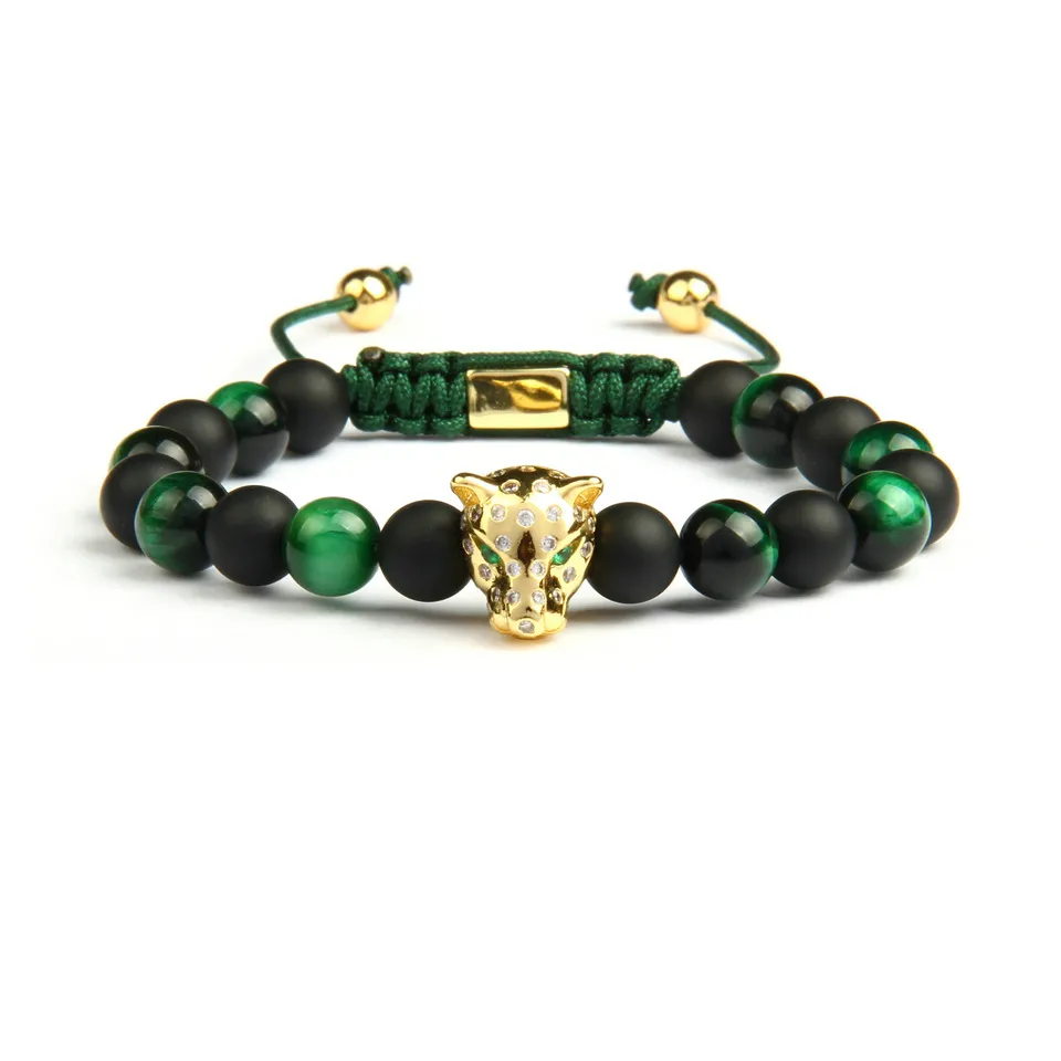 Mężczyźni Panther CZ Bransoletki Hurtownie 8mm Naturalny Matowy Agat Green Tiger Eye Stone Leopard Macrame Biżuteria