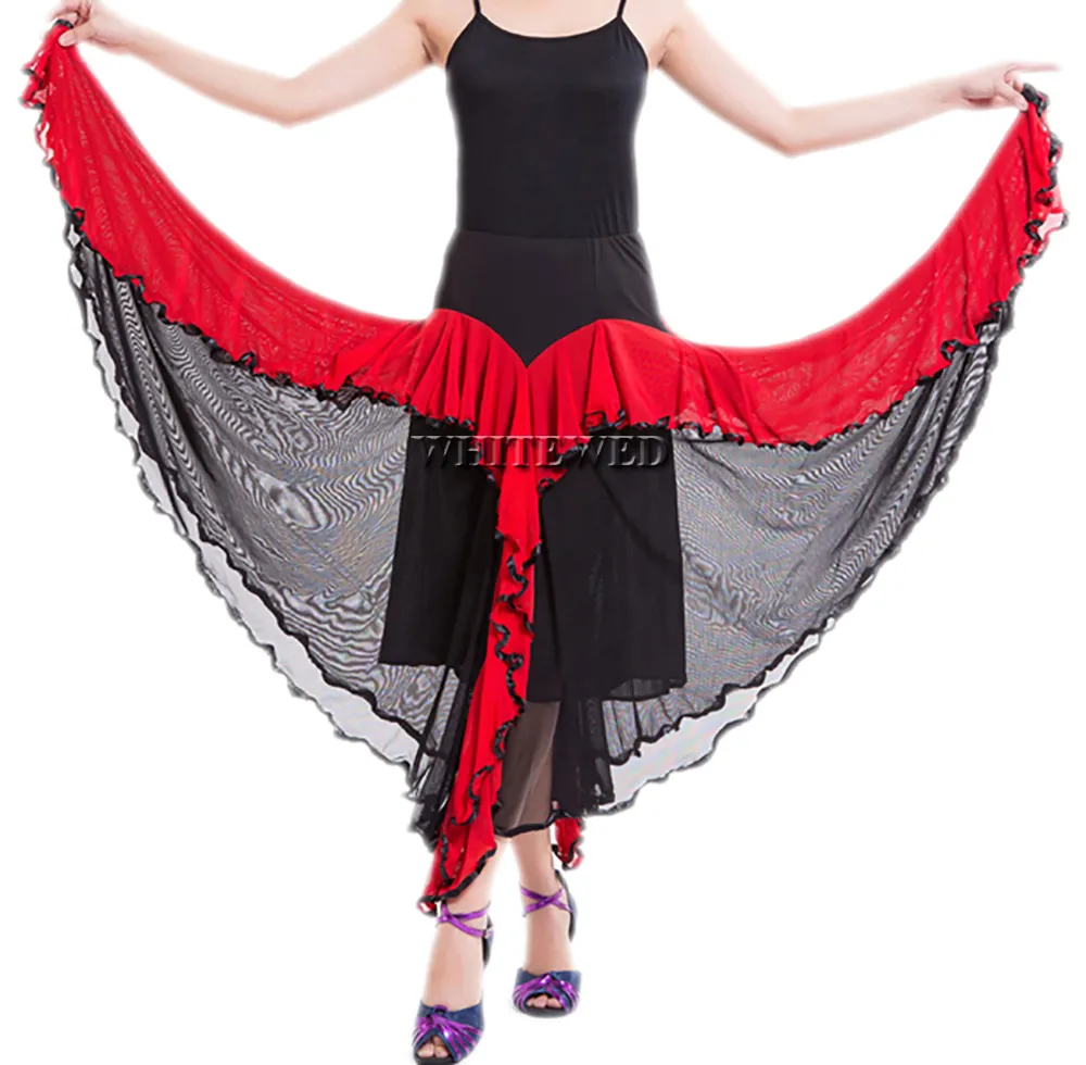 Jupe de danse de pratique de salle de bal de valse circulaire à volants, longue jupe bicolore de salle de bal, vêtements de pratique de danse nationale de Flamenco, Costumes