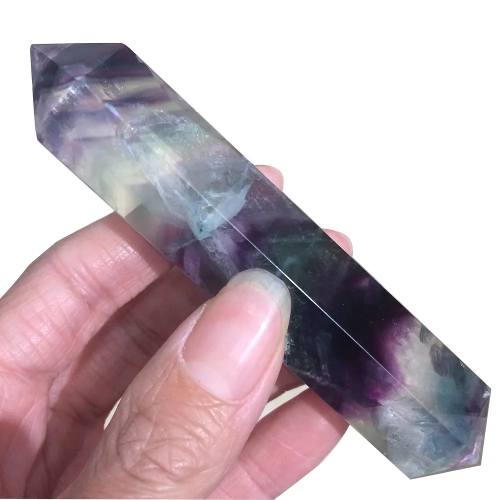 Dingsheng Natural Rainbow Fluorit Wand Point Double Terminated Points Stone Healing Crystal Quartz Mineral Prism Obelisk Partihandel 9-11 cm