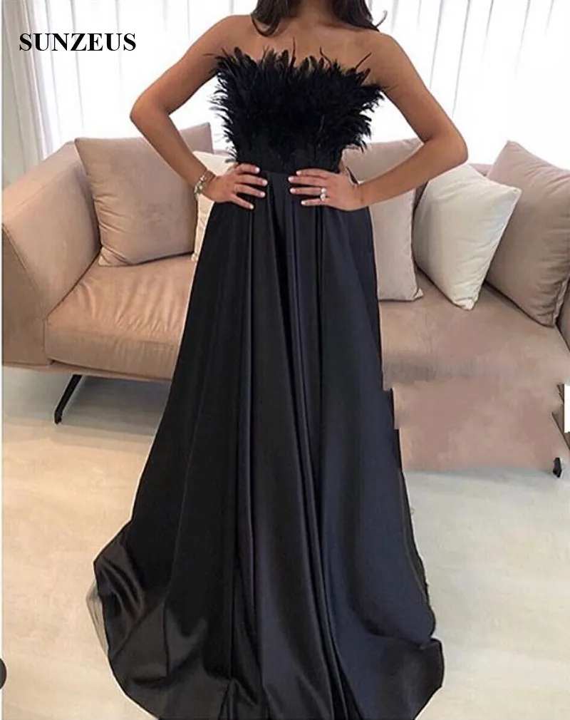 Pico Profeta Burlas Traje De Plumas 2018 Largo Satén Negro Vestidos De Noche Sin Tirantes Una  Línea Vestidos De Fiesta Mujeres Elegantes Ropa Formal Lange Jurken De  137,72 € | DHgate