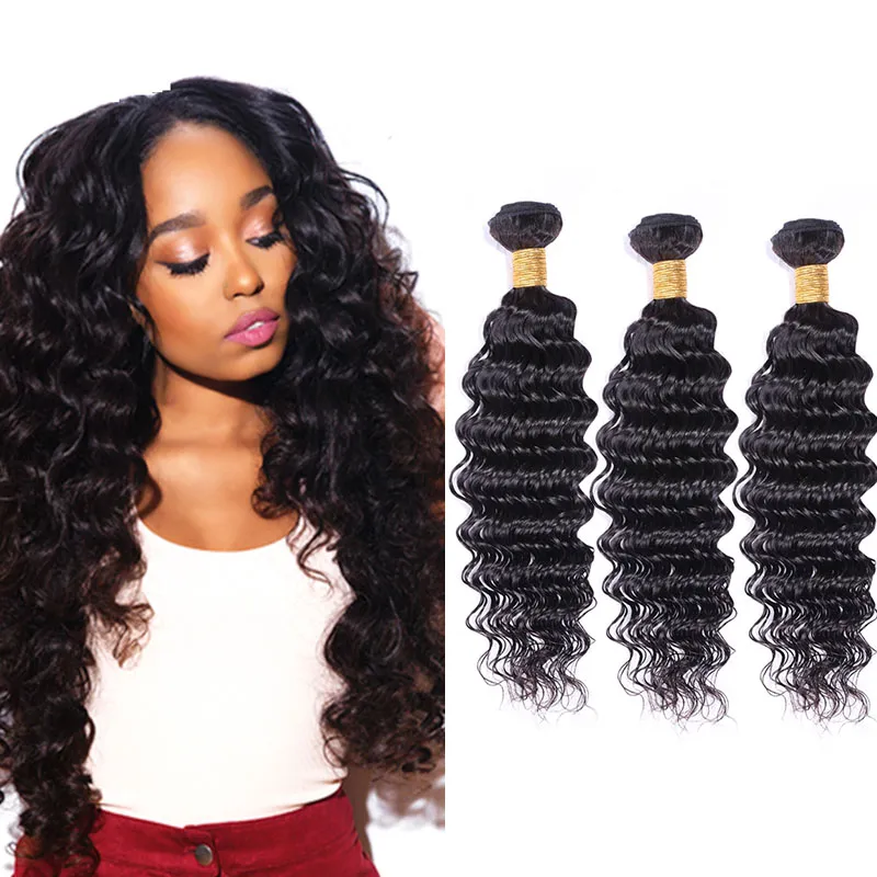 Extensions de cheveux humains à vague profonde 3 faisceaux de cheveux vierges malaisiens bouclés profonds 95-100g / pièce Tissages de cheveux de couleur naturelle