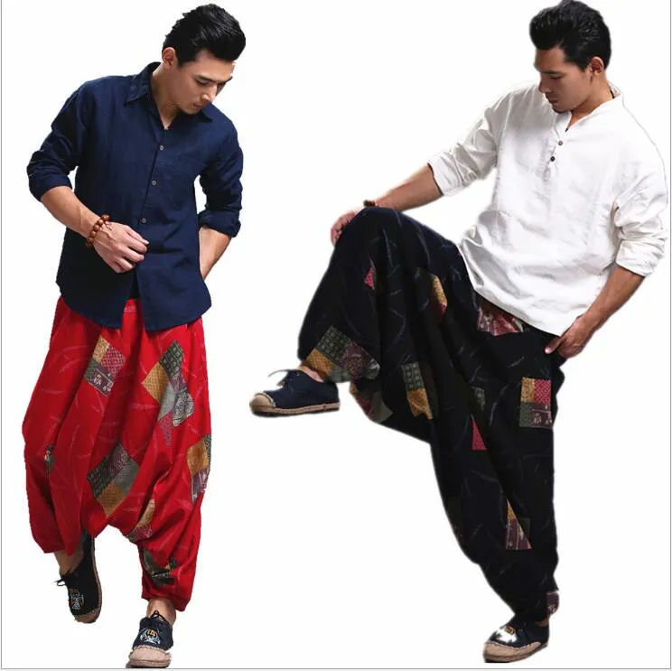 Unisex Casual Big Large crotch Elastic pants India Nepali yoga trousers Chinese Style Men wear black blue Red Vintage Print Harem Pants