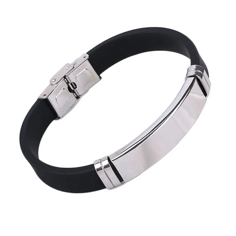 Stainless Steel Engraved ID Bracelet for Men Black Silicone Wristband Personalized Bangle with Toggle Clasp