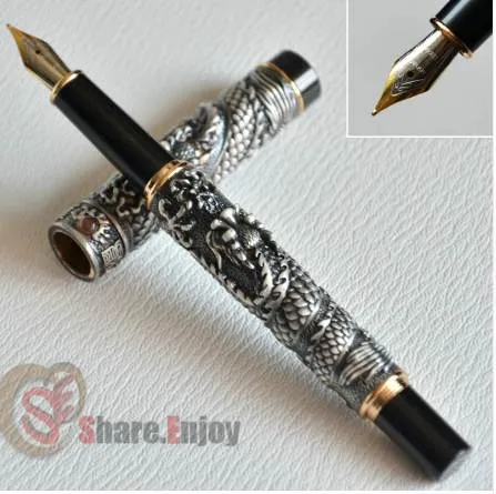 Fountain Pen Medium Nib Jinhao Old Grey Två Dragon Spela Pearl Crystal Gratis Frakt Gyllene Brass Koppar Silver 5 Färger Välj