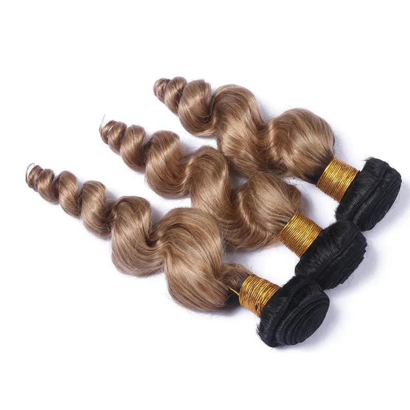 Dziewiczy Malezyjski Ombre Miód Blondynka Ludzki Włosy Uwagi Double Weft Loose Fale Falisty # 1B / 27 Dark Root Light Brown Ludzki Wiązki Wiązki