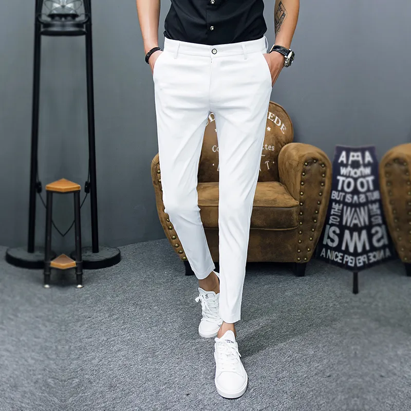 2018 novo pantalon homme coreano moda calças sólidas homens magro fit casual tornozelo comprimento streetwear terno calça calça homens roupas