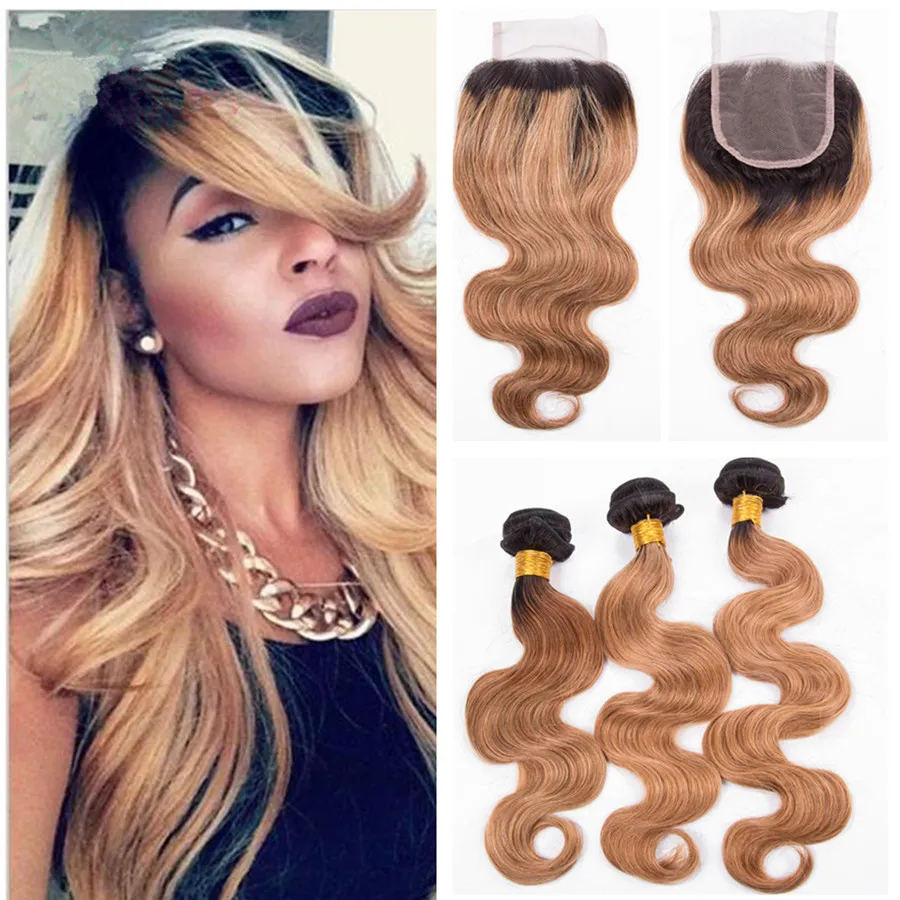 Body Wave Honey Blonde Tissage de cheveux humains avec dentelle Clsoure 2 tons Dark Root 1b 27 Bundles de cheveux blonds avec fermeture à lacet