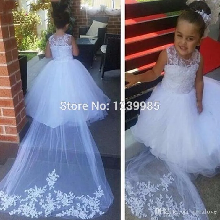 Langes Festzugskleid für Kinder, Ballkleid, Blumenmädchenkleider, Hochzeiten, Kommunionkleider, Hofschleppe, reinweiß