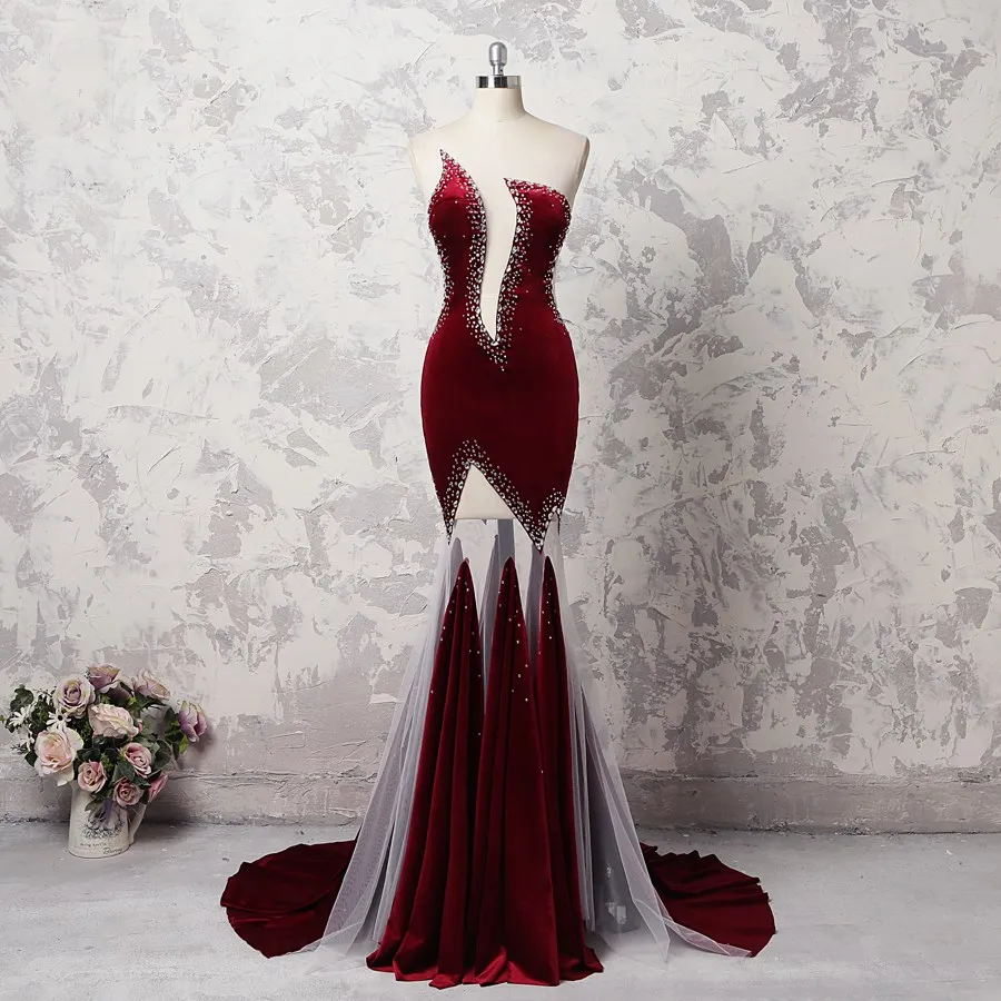 Nuovo design bordeaux abito da ballo lungo a sirena da donna 2018 maxi abiti con perline sexy incredibile lunghezza del pavimento abito da celebrità sul tappeto rosso