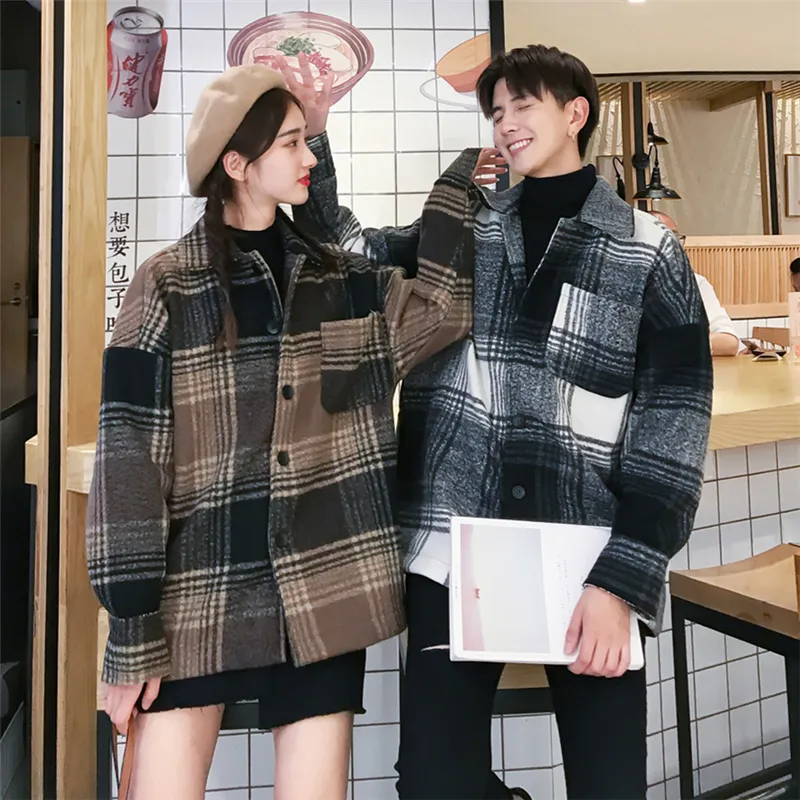 Kvinnor Ullrock Vinter 2018 Kvinna Plaid Coats och Jackor Kvinnor Casual Koreansk Windbreaker Par Fall Warm Outwear