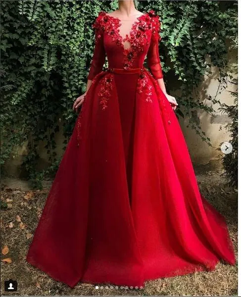 A-Linie, rotes Langarm-Satin, günstiges Korsett-Brautkleid, abnehmbarer Rock-Schleppe