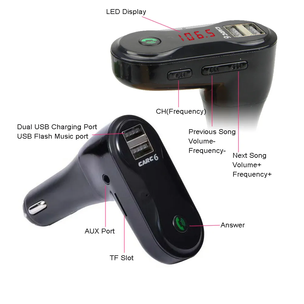 Hands Free Bluetooth Car Kit C6 FM-zender Modulator Auto Charger AUX Handen Gratis Muziek Mini MP3-speler SD USB LCD / 